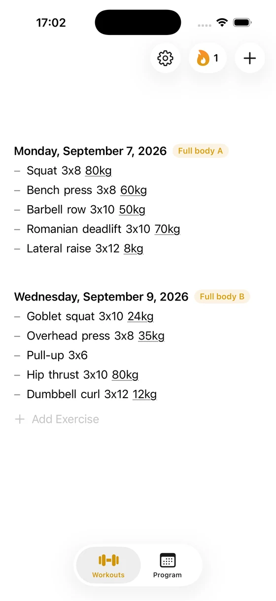 Aperçu de Log sur iPhone, avec des exercices, des charges et des répétitions.